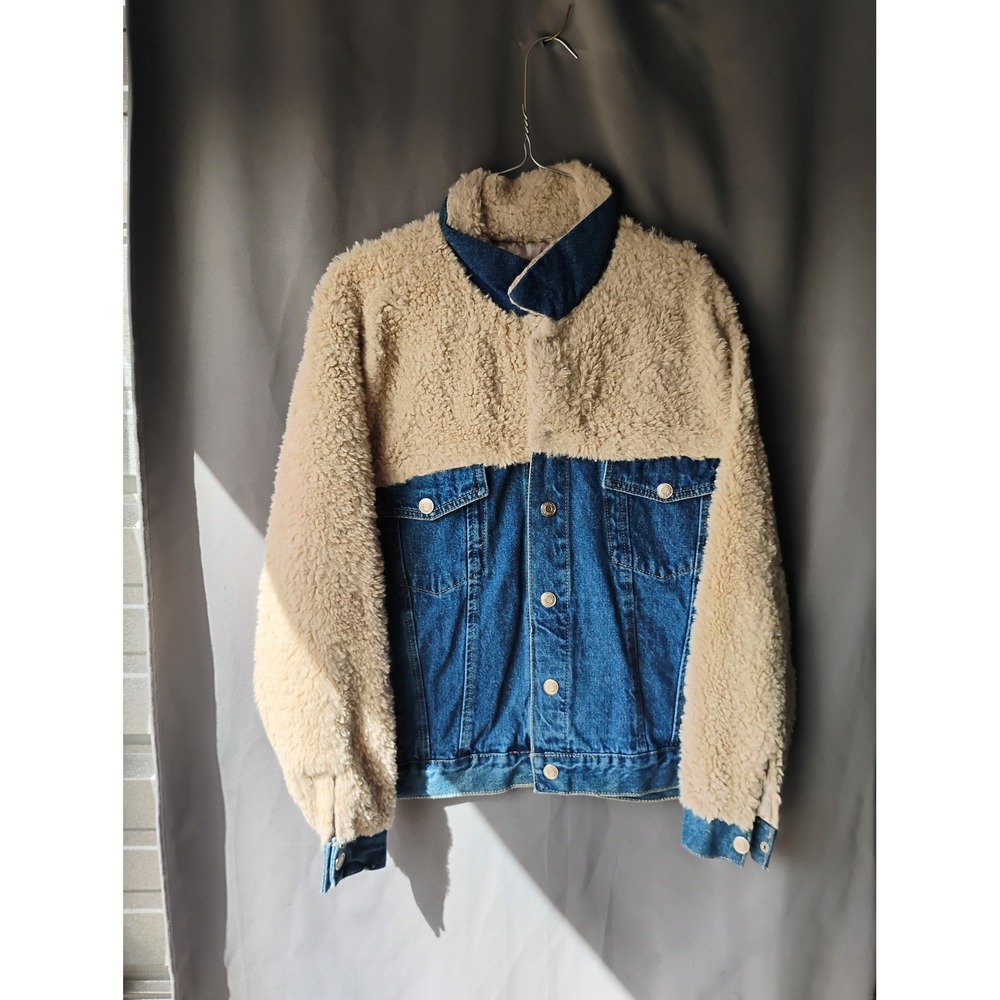 In The Style Denim and Borg Faux Fur Trucker Jacket Blue Cream Size 12